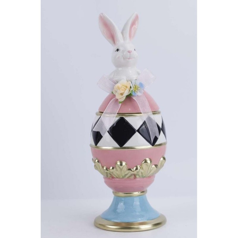 Ροζ - Μπλε Κεραμικό Αυγό Μπισκοτιέρα Με Λαγό Και Χρυσές Λεπτομέρειες 13.5x13.5x37Εκ Iliadis