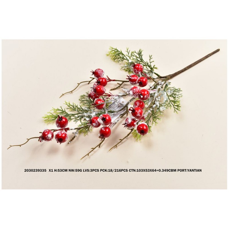 Χιονισμένο Κλαδί Με Κόκκινα Berries 53cm Iliadis