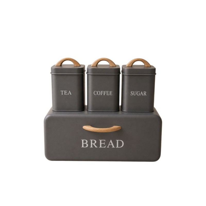 Σετ 4 Τμχ Μεταλλική Ψωμιέρα Με 3 Κουτιά Γκρι (Tea Coffee Sugar) 35x21x20Εκ Και11x11x14Εκ Iliadis