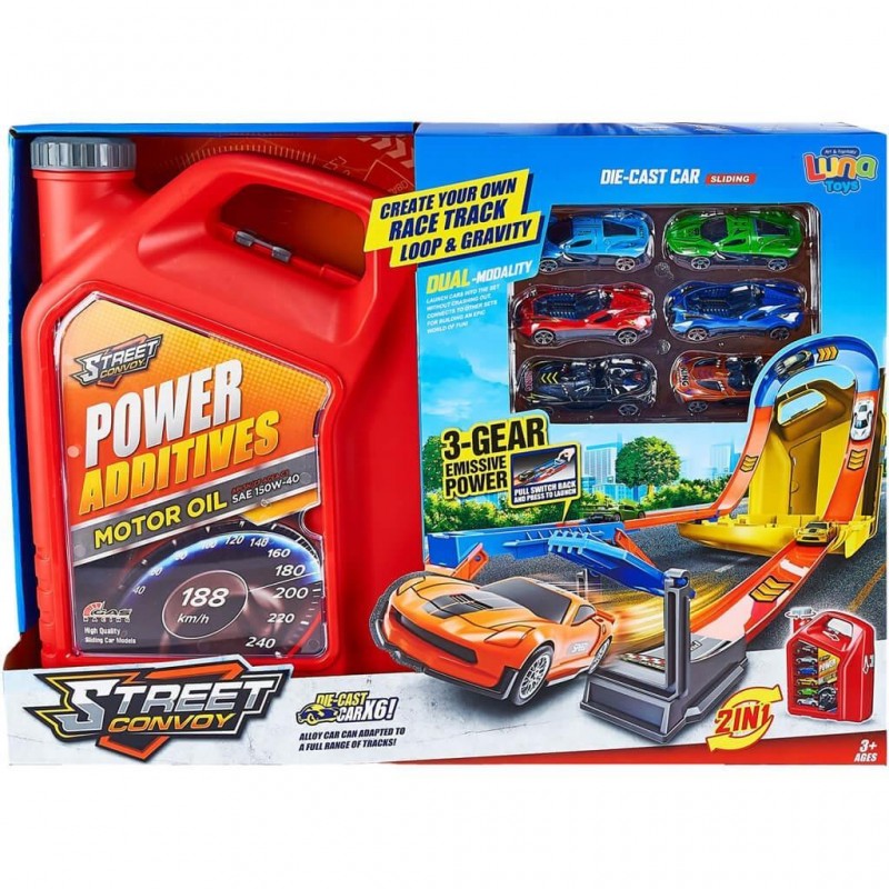 Μπετόνι Κόκκινο Με Πίστα Εκτόξευσης Και 6 Μεταλλικά Οχήματα 46.5x12x34Εκ Luna Diakakis