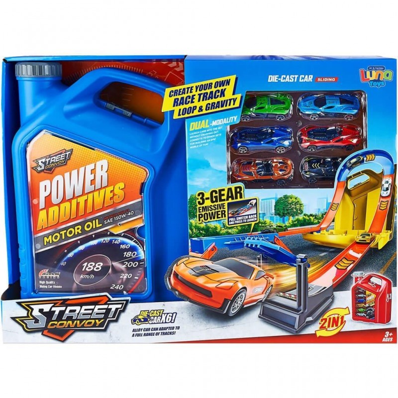 Μπετόνι Μπλε Με Πίστα Εκτόξευσης Και 6 Μεταλλικά Οχήματα 46.5x12x34Εκ Luna Diakakis