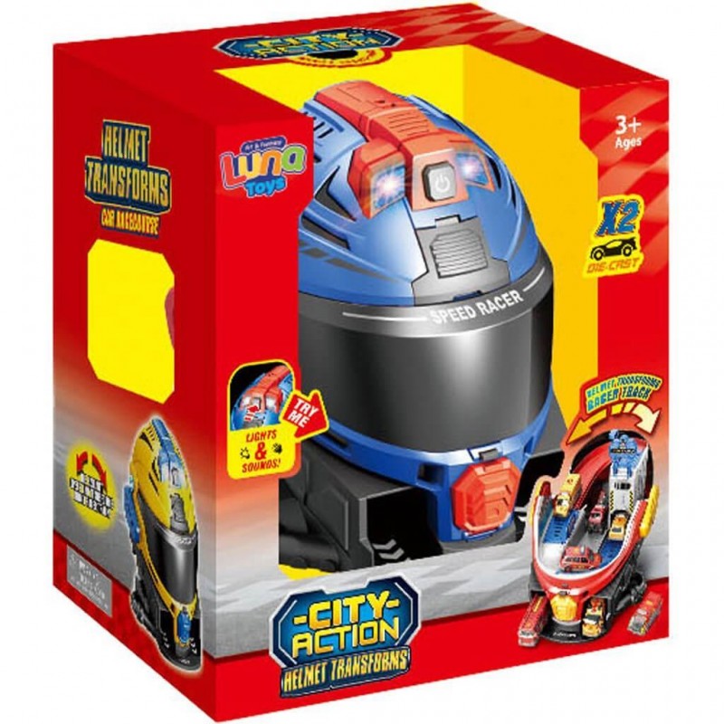 Πάρκινγκ Κράνος Μπλε Με 2 Μεταλλικά Αυτοκίνητα Με Φως Και Ήχο 27x20x29Cm Luna Diakakis