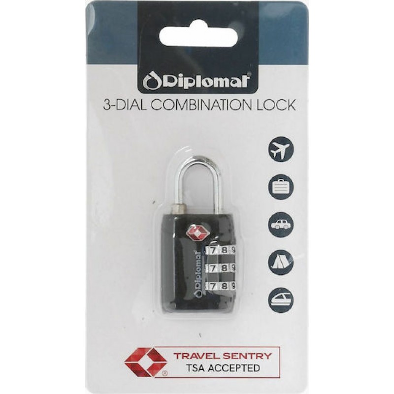 Λουκέτο Αποσκευών με 3ψήφιο Συνδυασμό με Πιστοποίηση TSA Μαύρο ACLOCK3 Diplomat