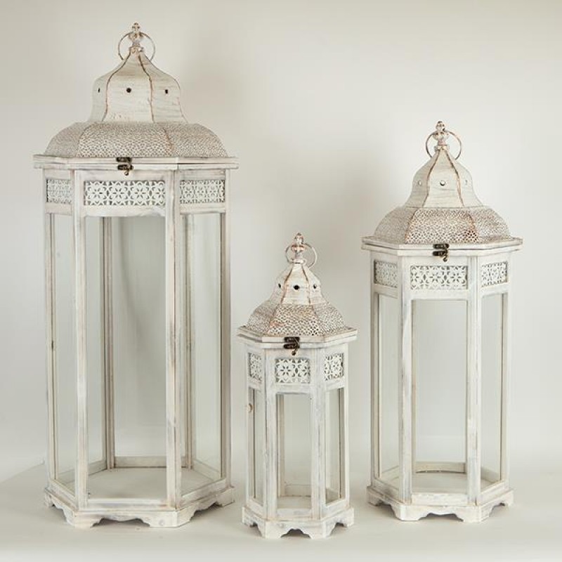 Φανάρια Ξύλινα Λευκά - Μεταλλική Οροφή Σετ/3  37.5x32x91Εκ, 29.5x25.5x72Εκ, 21.5x18.5x53Εκ Estheti 