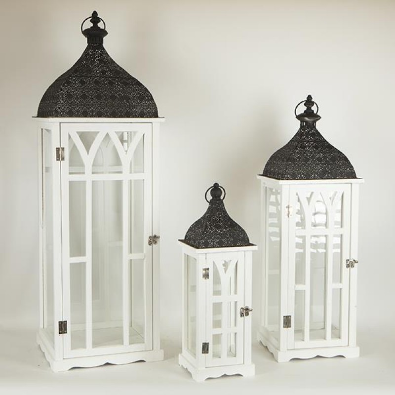 Φανάρια Ξύλινα Λευκά - Μεταλλική Οροφή Μαύρη Σετ/3  31.5x31.5x97Εκ, 24.5x24.5x72Εκ, 17x17x49.5Εκ Estheti    