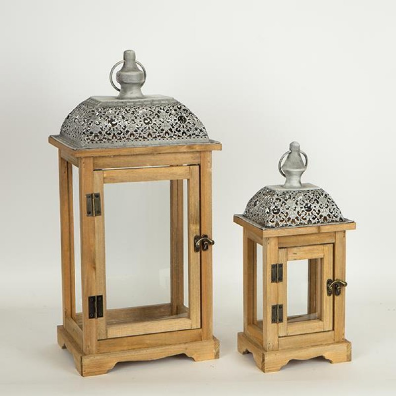 Φανάρια Ξύλινα Καφέ Ανοιχτό - Μεταλλική Οροφή Γκρι Σετ/2 22.5x18,5x48Εκ, 15.5x12.5x34Εκ Estheti 