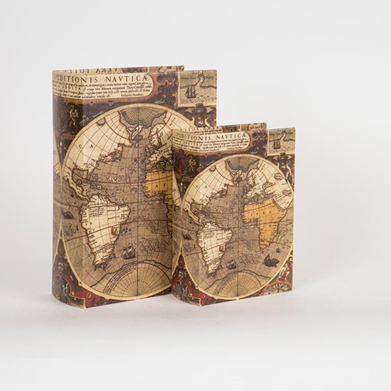 Διακοσμητικά Κουτιά Βιβλία Ξύλινα Καφέ, Σχέδιο Χάρτης Σετ 2Τμχ 19x8x27cm Estheti