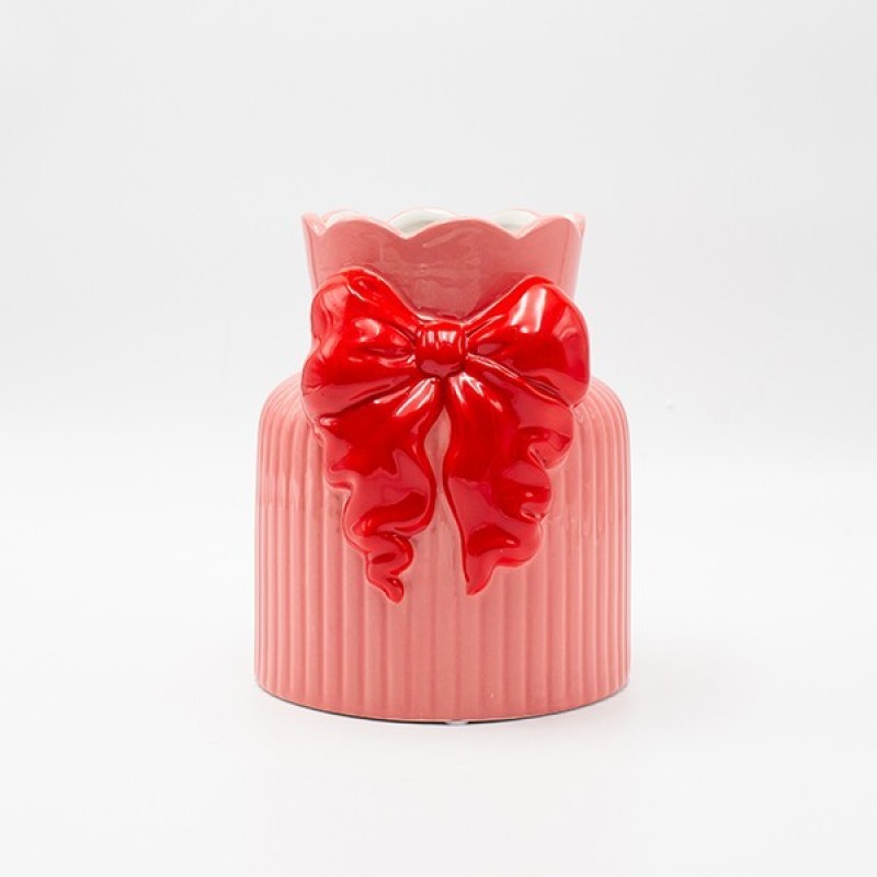 Βαζο Με Φιόγκο Κεραμικό Ροζ - Κόκκινο 14.5x14x17.2Εκ Estheti