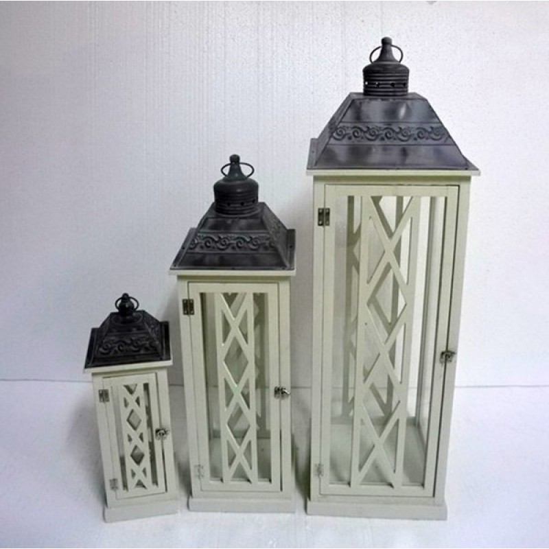 Φανάρια Μεταλλικά/Ξύλινα Λευκά Σετ/3 34x34x104Εκ Estheti