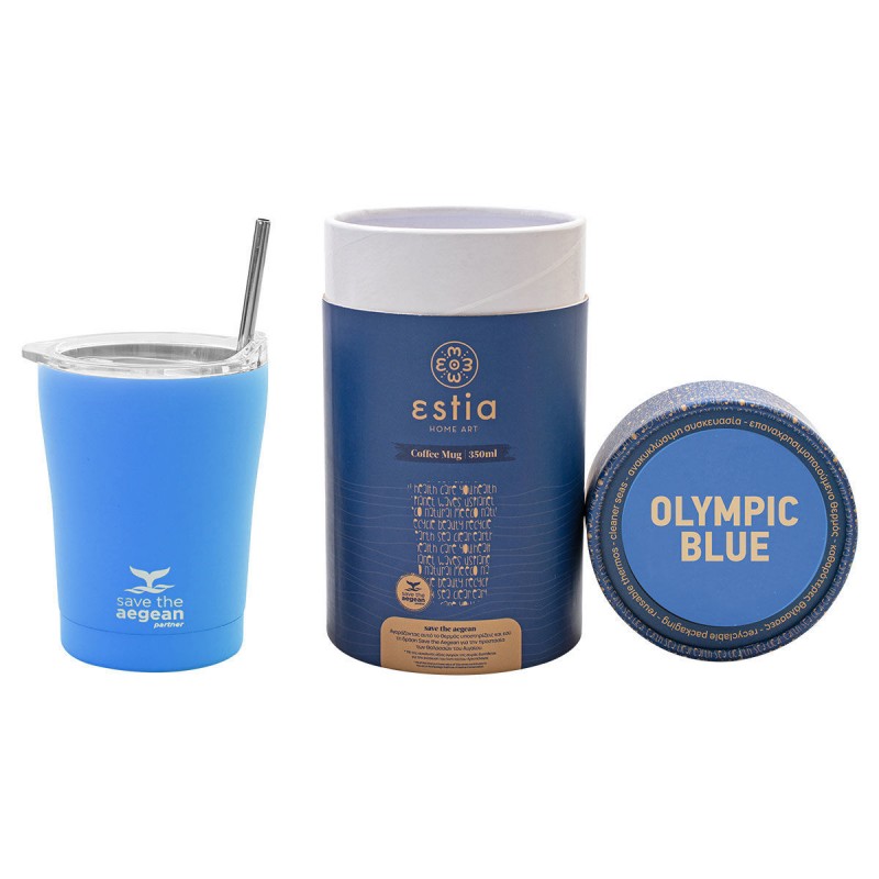 Θερμός Ποτήρι με Καλαμάκι 350ml Coffee Mug Save The Aegean Olympic Blue Estia