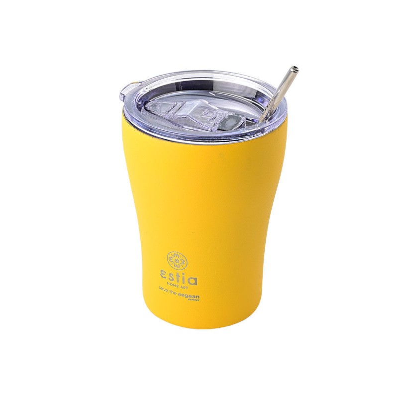 Θερμός Ποτήρι με Καλαμάκι 350ml Coffee Mug Save The Aegean Pinapple Yellow Estia