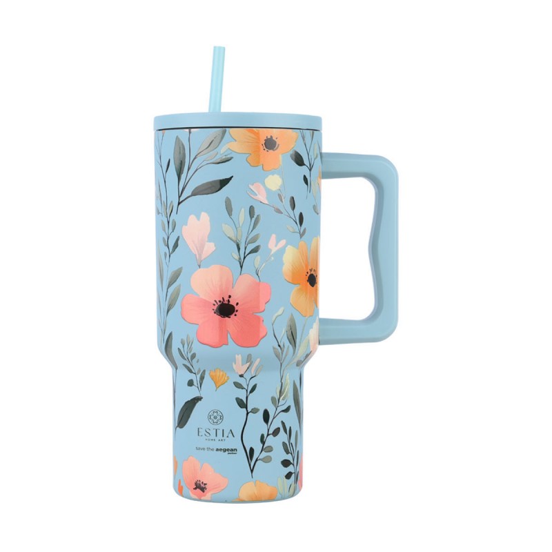 Estia Straw Tumbler XL Save the Aegean Ανακυκλώσιμο Handled Tumbler Θερμός Ανοξείδωτο BPA Free 900ml Sky Garden με Καλαμάκι και Λαβή