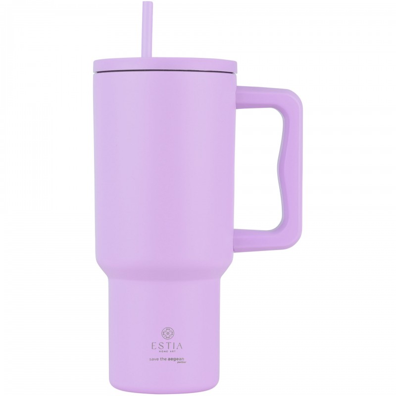 Θερμός Ανοξείδωτο BPA Free 900ml Lavender Purple με Καλαμάκι και Λαβή Estia Straw Tumbler XL Save the Aegean Ανακυκλώσιμο Handled Tumbler 