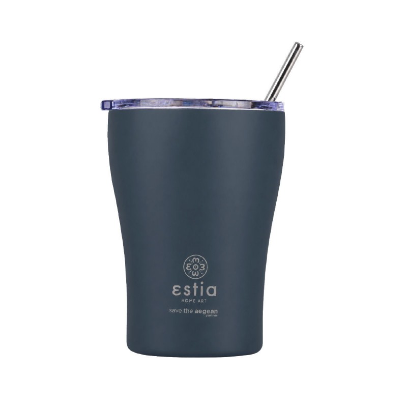 Estia Coffee Mug Save The Aegean Ανακυκλώσιμο Ποτήρι Θερμός Ανοξείδωτο BPA Free 350ml Indigo με Καλαμάκι