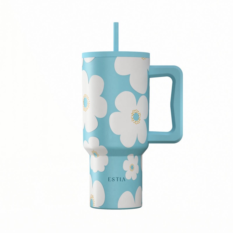 Estia Straw Tumbler XL Save The Aegean Ανακυκλώσιμο Handled Tumbler Θερμός Ανοξείδωτο BPA Free 900ml Blue Daisy με Καλαμάκι και Λαβή