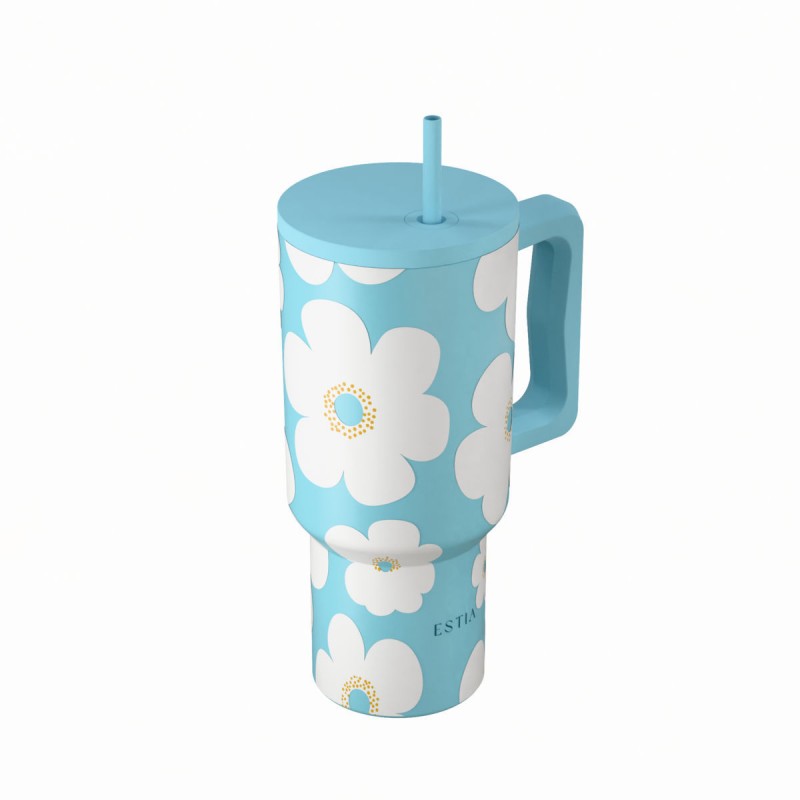 Estia Straw Tumbler XL Save The Aegean Ανακυκλώσιμο Handled Tumbler Θερμός Ανοξείδωτο BPA Free 900ml Blue Daisy με Καλαμάκι και Λαβή