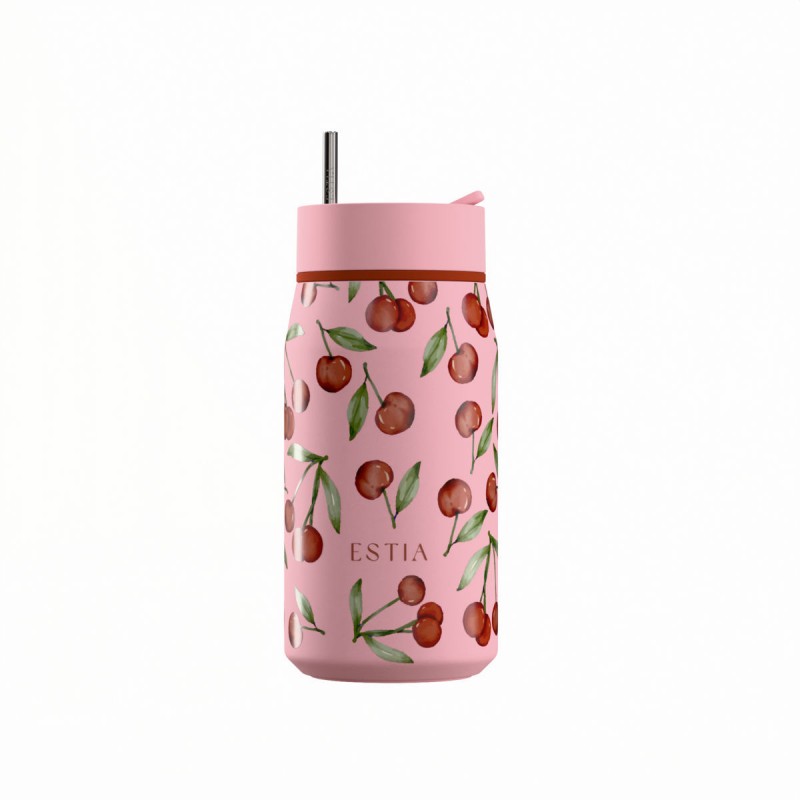 Ποτήρι Θερμός Ανοξείδωτο BPA Free 360ml Cherry Rose Με Καλαμάκι Lens Save The Aegean Estia 