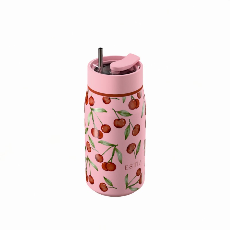 Ποτήρι Θερμός Ανοξείδωτο BPA Free 360ml Cherry Rose Με Καλαμάκι Lens Save The Aegean Estia 