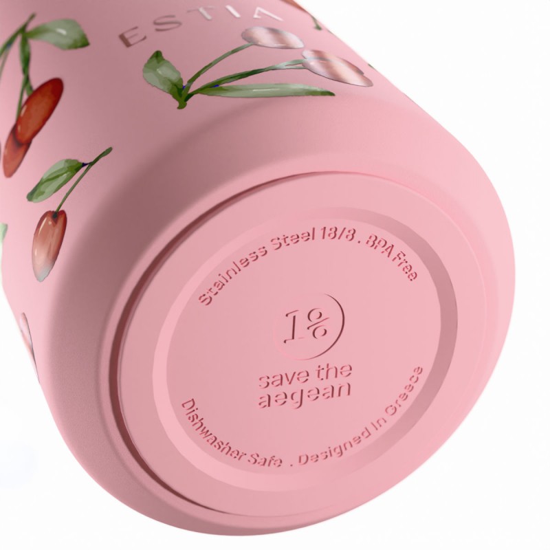 Ποτήρι Θερμός Ανοξείδωτο BPA Free 360ml Cherry Rose Με Καλαμάκι Lens Save The Aegean Estia 