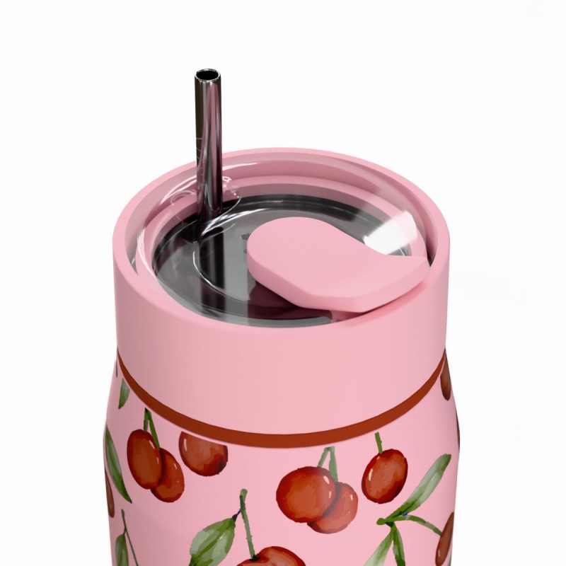 Ποτήρι Θερμός Ανοξείδωτο BPA Free 360ml Cherry Rose Με Καλαμάκι Lens Save The Aegean Estia 