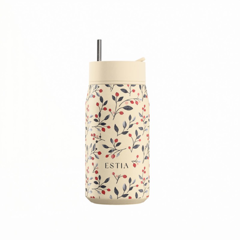 Ποτήρι Θερμός Ανοξείδωτο BPA Free 360ml Bloom Beige Με Καλαμάκι Lens Save The Aegean Estia 