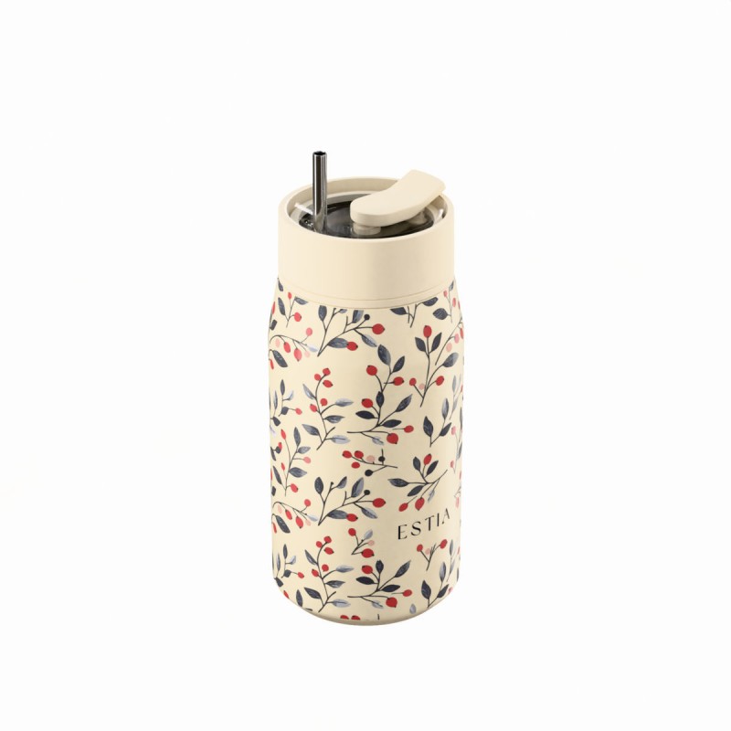 Ποτήρι Θερμός Ανοξείδωτο BPA Free 360ml Bloom Beige Με Καλαμάκι Lens Save The Aegean Estia 