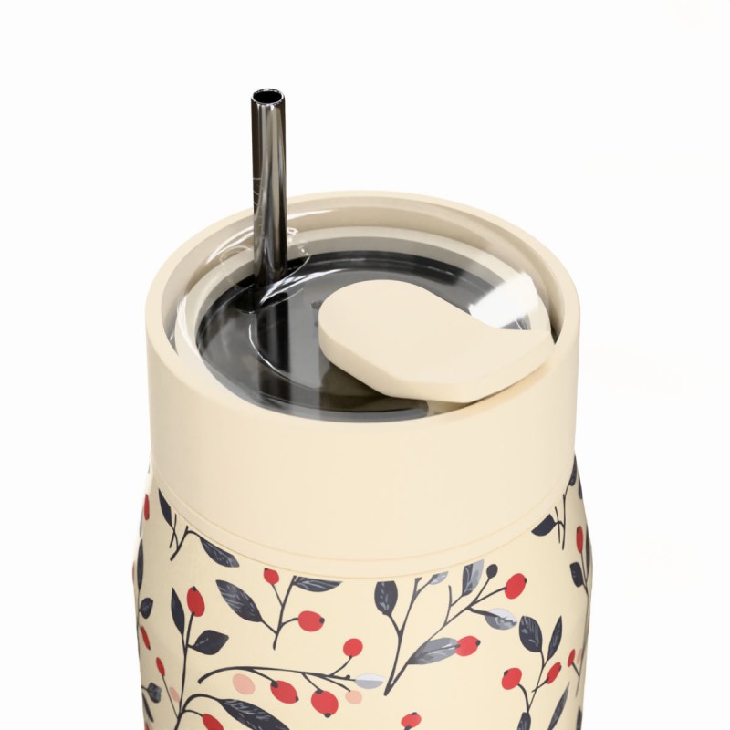 Ποτήρι Θερμός Ανοξείδωτο BPA Free 360ml Bloom Beige Με Καλαμάκι Lens Save The Aegean Estia 