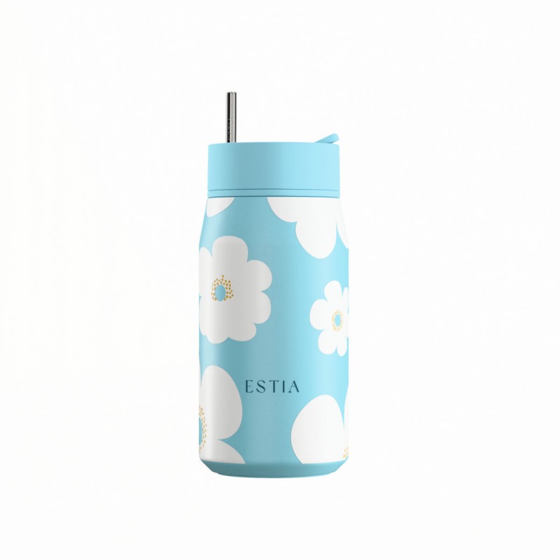 Ποτήρι Θερμός Ανοξείδωτο BPA Free 360ml Blue Daisy Με Καλαμάκι Lens Save The Aegean Estia 