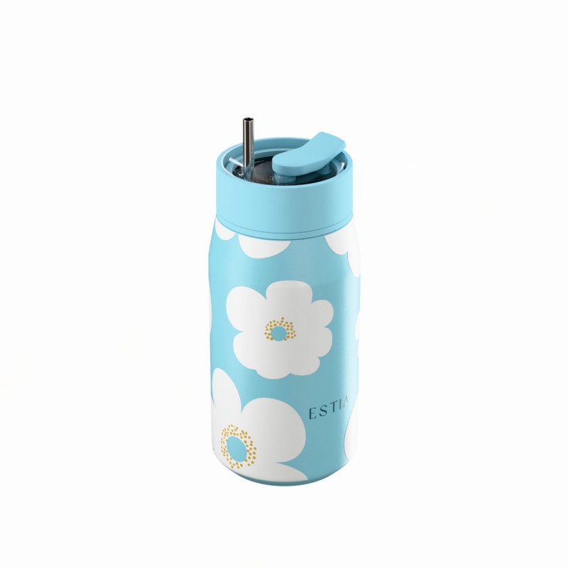 Ποτήρι Θερμός Ανοξείδωτο BPA Free 360ml Blue Daisy Με Καλαμάκι Lens Save The Aegean Estia 