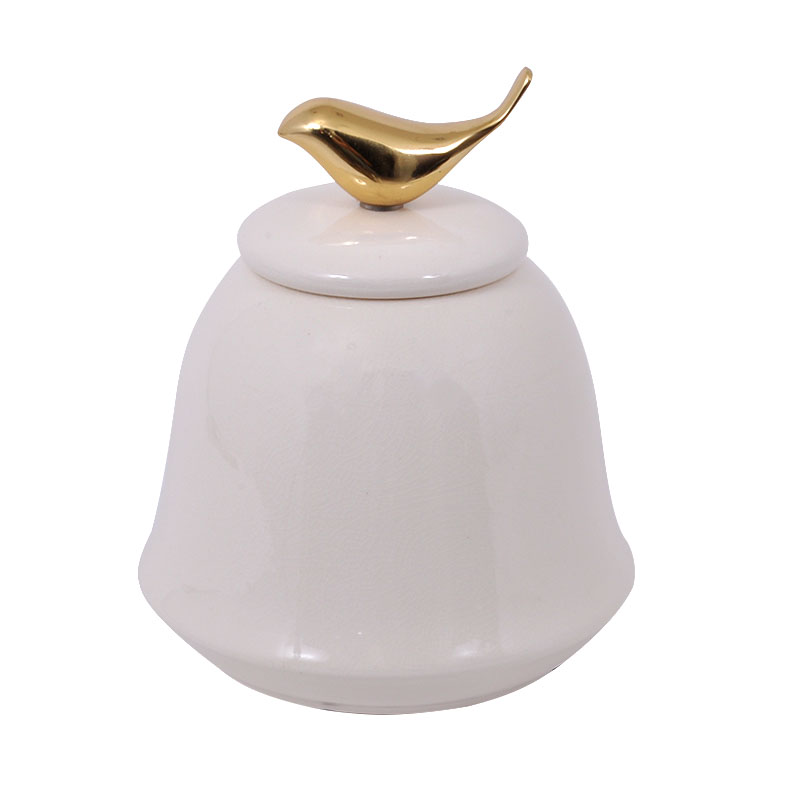 Βάζο Κεραμικό Λευκό Με Καπάκι Χρυσό Πουλί 1334-L