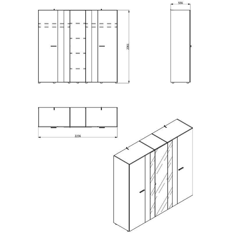 Ντουλάπα Dante Με Καθρέφτη 5Κ3Ο Grey Oak/Λευκό 223.5x55x206εκ