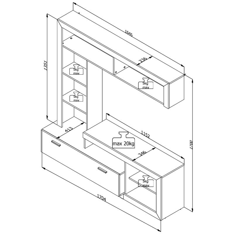 Κέντρο Ψυχαγωγίας Glen Λευκό/Γκρι Concrete 170.5x41.5x107.5εκ