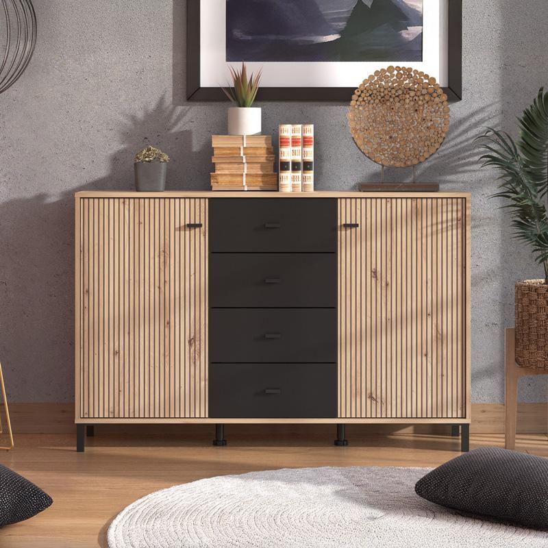 Κομοτα-Μπουφες Avignon 138 3K4F2V Artisan Oak-Μαυρο Χρωμα 139X40X90Εκ