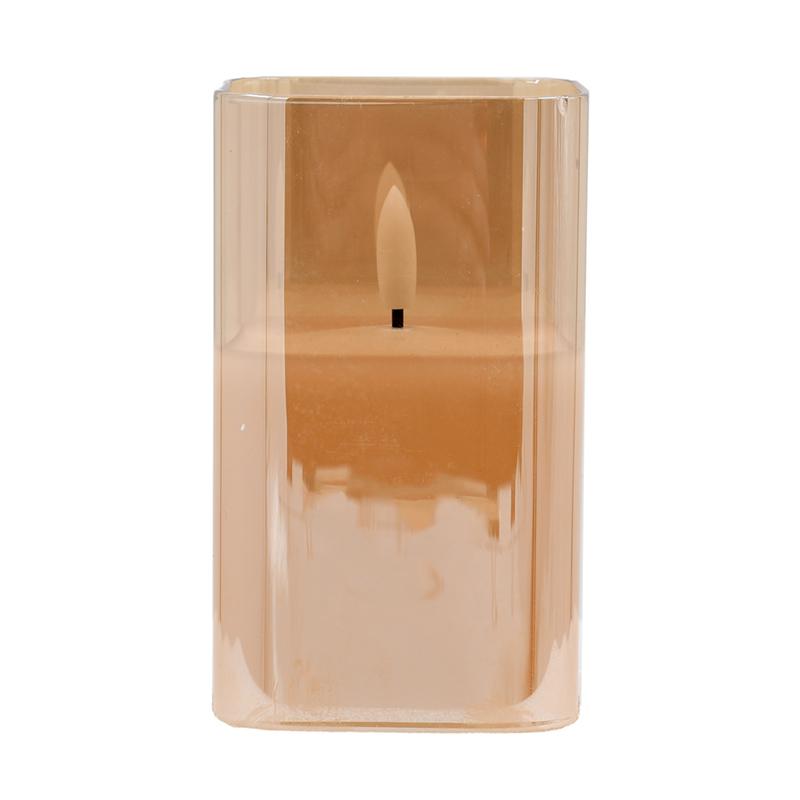 Διακοσμητικό Led Κερί Με Ρεαλιστική 3D Φλόγα  Fl7515 Σε Τετράγωνο Γυαλί Χρώμα Amber 8X8X15 εκ. Fylliana