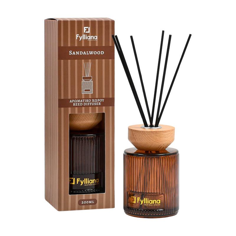 Αρωματικό Χ΄ώρου Sandalwood Γυ΄άλινο Μπουκαλάκι Sticks Fylliana Fl25240 Συσκευασία Δώρου Καφέ Χρώμα 200ml