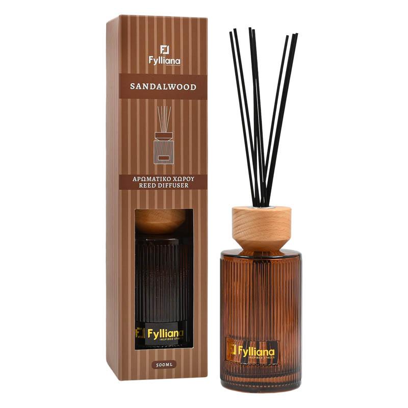 Αρωματικό Χώρου Sandalwood Γυάλινο Μπουκαλάκι Sticks Fylliana Fl25241 Συσκευασία Δώρου Καφέ Χρώμα 500ml