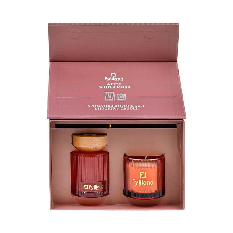 Αρωματικό Σετ Δώρου "apple White Musk " Fylliana Fl25161 Διαχύτης 150ml + Κερί 150g