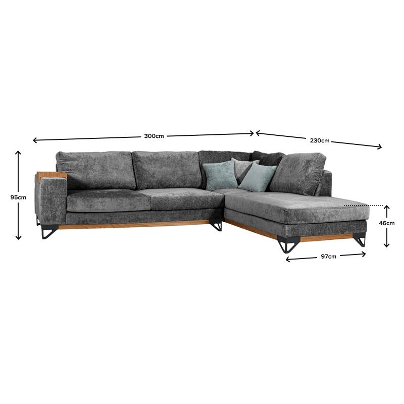 Καναπές Fylliana Angelo Δεξιά Γωνιά Σκούρο Γκρι 300x230x95Εκ