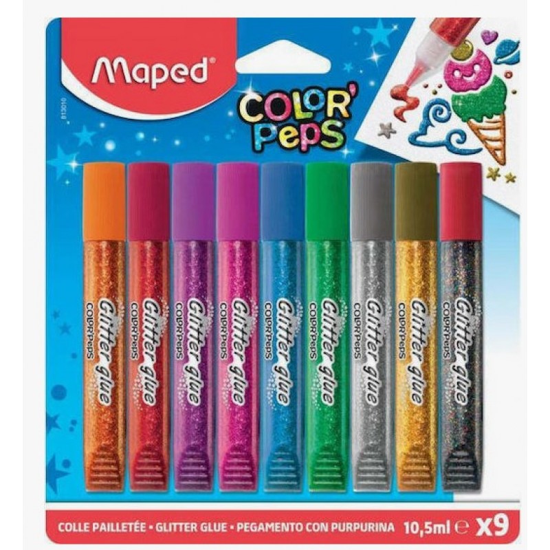 Κόλλα Glitter Πολύχρωμη Color'Peps 10.5ml Σετ 9 τμχ Maped 