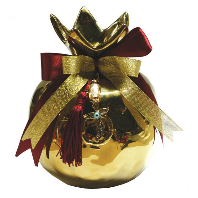 Ρόδι Γίγας Κεραμικό Χρυσό Μπορνώ & Χρυσό Στρας 13x16 Σε Κουτί Marhome