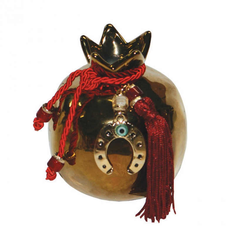 Κεραμικό Ρόδι Μεσαίο Χρυσό / Κορδόνι Στολισμένο Κόκκινο 9x10Εκ Marhome