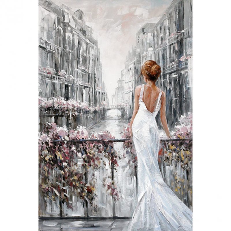 Πίνακας σε Καμβά Κοπέλα Άσπρο Φόρεμα Βενετία 80x120x3.8εκ