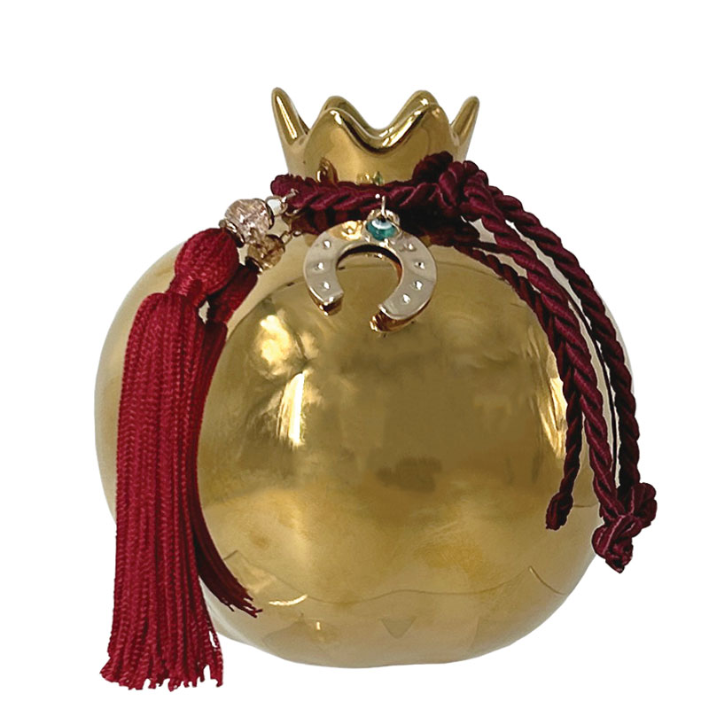 Ρόδι Κεραμικό Μεγάλο Χρυσό Στολισμένο Πέταλο Μπορντω Με Φούντα  Φ12.3X13Εκ Marhome