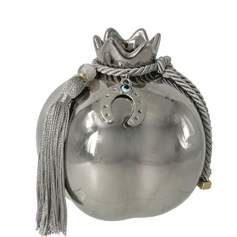 Ρόδι Κεραμικό Μεγάλο Ασημί Στολισμένο Πέταλο & Φούντα Φ12.3x13Εκ Marhome