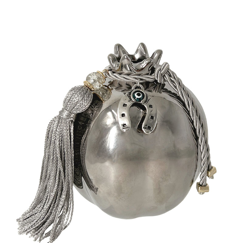 Ρόδι Κεραμικό Μεσαίο Ασημί Στολισμένο Πέταλο & Φούντα Φ9x10Εκ Marhome