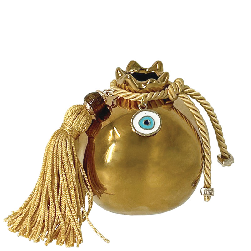 Ρόδι Κεραμικό Μικρό Χρυσό Στολισμένο Χρυσό Μάτι & Φούντα Φ7.3x7.5Εκ Marhome