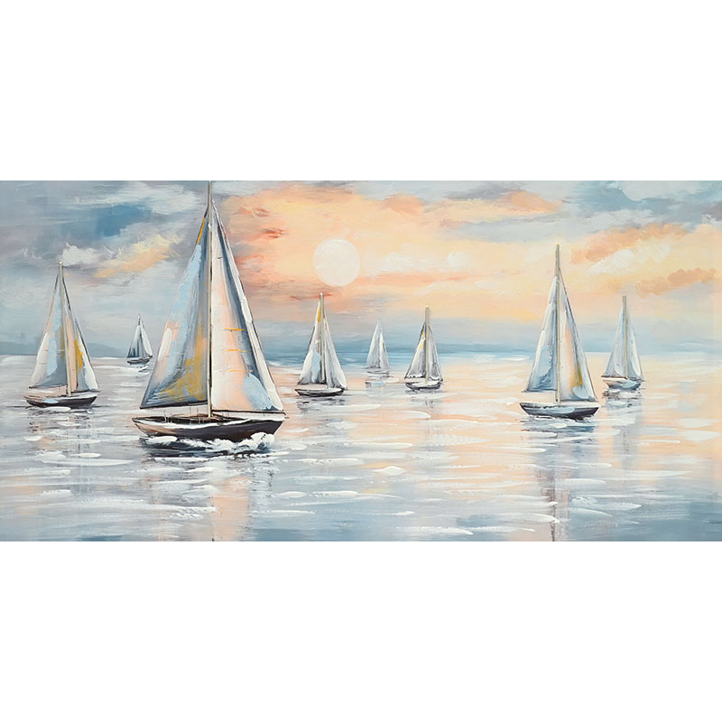 Πίνακας Καμβάς Μπλε Παραλληλόγραμμος Με Καράβια, Θάλασσα Και Ήλιο 60x120Εκ Marhome