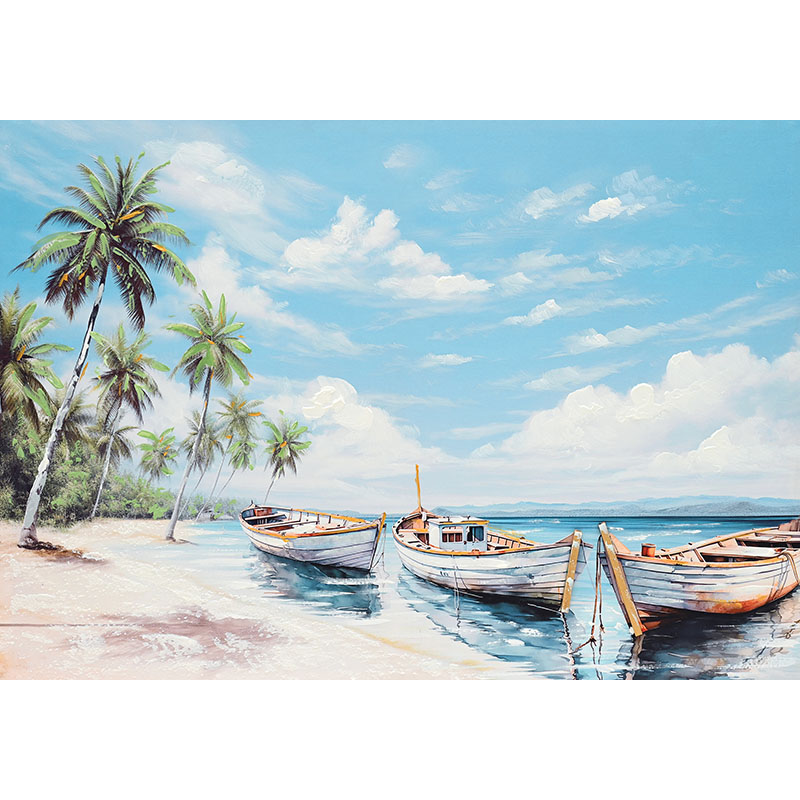 Πίνακας Κάμβας Παραλία Με Φοίνικες Και Καράβια Παραλληλόγραμμος Μπλε 70x100Εκ Marhome