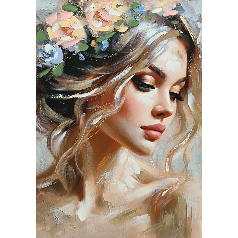 Πίνακας Καμβάς Όμορφη Γυναίκα Με Λουλούδια Στο Κεφάλι Μπεζ 70x100Εκ Marhome