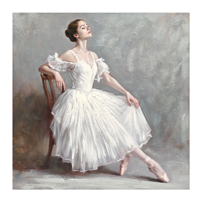 Πίνακας Καμβάς Μπαλαρίνα Με Λευκό Φόρεμα Σε Καρέκλα Ρομαντικό Γκρι 80x80Εκ Marhome